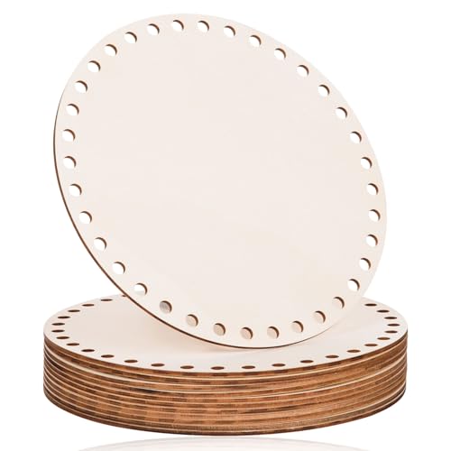 AWIZOM 12 Pcs Wooden Basket Bottoms for Crochet 8 Inch Round Basket Wood Bottom Circle Weaving Knitting Base Natural Wood Base Shaper for Crochet or Knitting Weaving Crafts Home Decoration(Hole:8mm) - size: 8 Inch