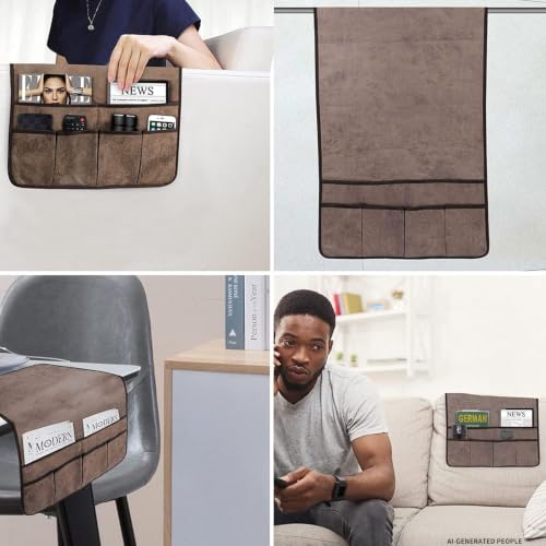 HAOMAIJIA Sofa Armrest Organizer, Remote Control Holder for Recliner Couch | Anti Slip Arm Chair Bedside Caddy Storage Organizer With 6 Pockets For Cell Phone Tv Remote Control Magazines (brown) - color: brown, size: 35 Inches × 19.3 Inches