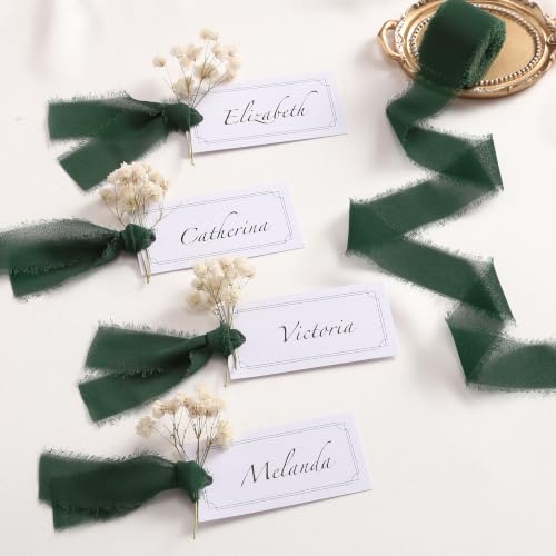 DORIS HOME Handmade Frayed Fringe Chiffon Ribbon 1" x 21Yd Dark Green | Fabric Ribbon, For Flower Bouquet/Gift Wrapping/Wedding Invitations/Christmas Decorations/Party Decor - color: Dark Green