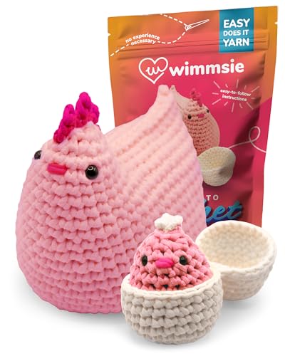 Wimmsie Crochet Animal Kit for Beginners - Easy Beginner Crochet Kit for Kids - Gift for Mom - Amigurumi Chicken Chick & Egg - 3 Kawaii Stuffed Animals - Cute DIY Yarn Plush - color: Pink Hen