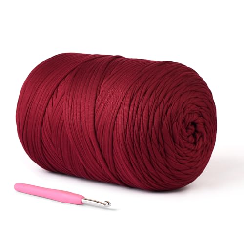 (800g/228yds) T Shirt Yarn, Soft Tshirt Crochet Yarn for Crafts and DIY Knitting Crocheting Cloth/Bag/Basket/Coaster, 100% Polyeste Elastic Fabric Chunky Thick (Burgundy) - color: Burgundy