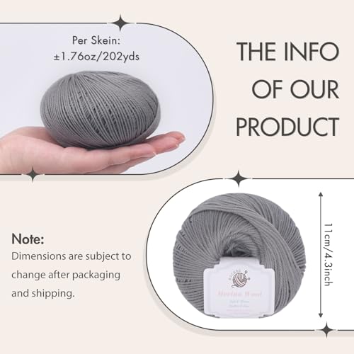 NICEEC 3 Skeins Soft Merino Wool Yarn- Gray | Soft & Warm, Finger Weight, Woolen Yarn for Crochet & Knitting, Total 5.3oz/606yds - color: Gray