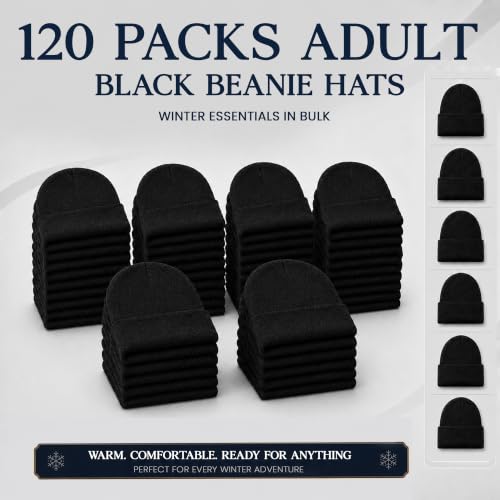 Yacht & Smith Wholesale Beanie and Glove Winter Bulk Kit, Kids Adults Bulk Sets, Homeless Donation Shelters - color: 120 Packs Adult Black Hat
