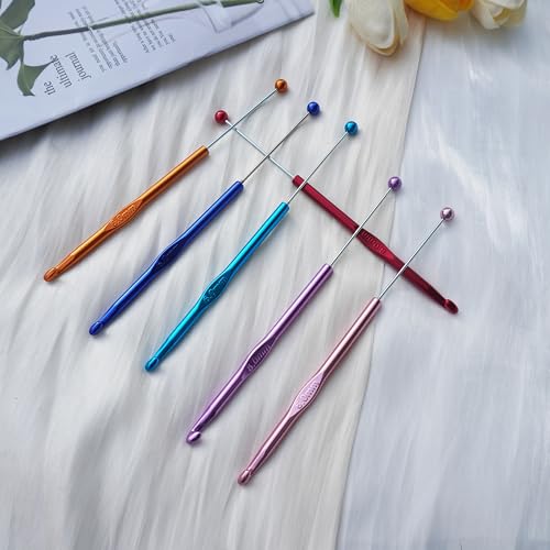 6 Pack DIY Beadable Crochet Hooks Knitting Needles Set Aluminum Handle for Focal Beads Colors (Blue Purple Red Orange Pink Light Blue, 6 mm) - size: 6 mm