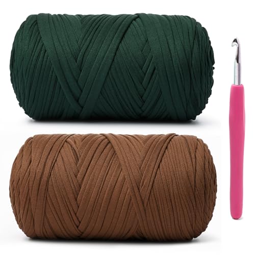 2 Pack Soft Tshirt Crochet Yarn, 800g/228yds High Elastic Hand Knitting Yarns, Thick T Shirt Yarn for Crocheting Bags, Baskets, Cushions, DIY Crafts - color: Dark Green + Brown