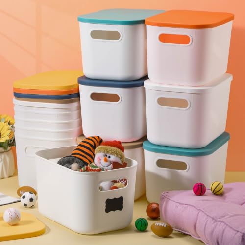 Thyle 12 Pack White Plastic Storage Bins with Lids, Back to School Stackable Storage Container with Handle Label for Organizing Toy Craft for Classroom Shelf Bedroom Office 10 x 7 x 6 Inch - color: White