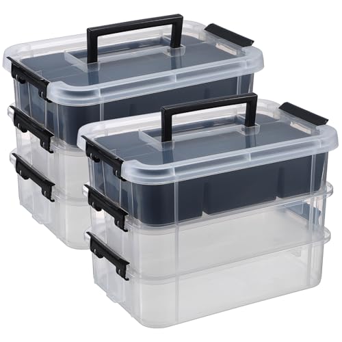 JUXYES 3-Tiers Plastic Stack Carry Storage Containers Box wih Handle Lids | 2 Pack Clear Stackable Craft Organizers and Storage Bin with Tray for Organizing Stationery, Sewing, Art Craft, DIY Supplies - color: Black