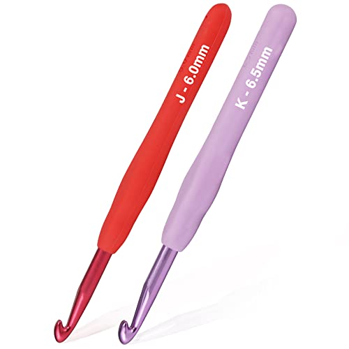 YOJOB 2-Pack Size J / 6mm, K / 6.5mm Crochet Hooks, Ergonomic Crochet Hook | Super Smooth Knitting Needles with Soft Rubber for Beginner and Advanced (6.0mm, 6.5mm) - size: 6mm, 6.5mm