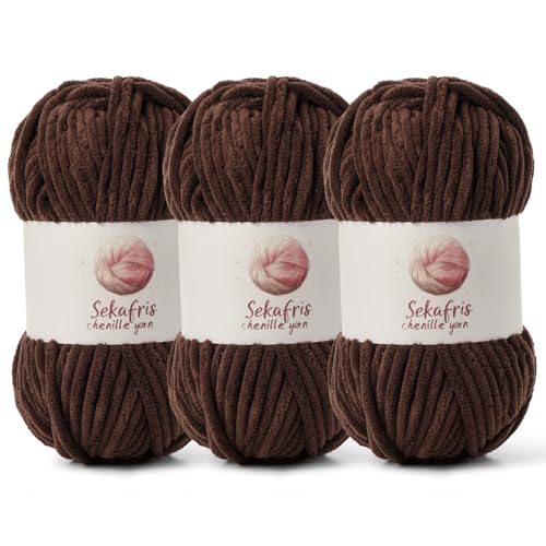 3 Pack Chunky Chenille Yarn for Crocheting, Baby Yarn for Crocheting Soft Blanket, 262.4 yds /10.5 oz Crochet Yarn, Bulky 5 Amigurumi Yarns, Fluffy Velvet Yarns for Knitting Crafts (3 Coffee) - color: 3 Coffee