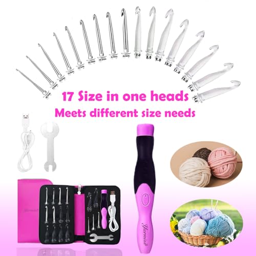 Yarniss 17 Size Lighted Crochet Hooks Set with USB Recharger 2.5~14.0 mm | Light Up Crochet Hook with Metal Head,Glow In Dark Better for Night Crocheting - color: Rose-17 Size with Light