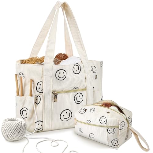 Bulyoou 2 Pcs Crochet Bag and Tote Set, Corduroy Yarn Bag with Grommets, Smile Face Crochet Project Bags Organizer for Hooks, Needles, Knitting Accessories, Gifts for Women Yarn Crafts Lovers