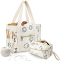 Bulyoou 2 Pcs Crochet Bag and Tote Set, Corduroy Yarn Bag with Grommets, Smile Face Crochet Project Bags Organizer for Hooks, Needles, Knitting Accessories, Gifts for Women Yarn Crafts Lovers
