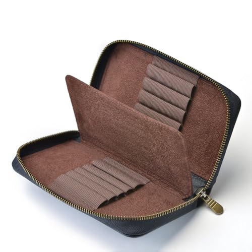 Fountain Pen Leather Pen Case 10 Divided Slots, Rollerball Pen Holder Handmade Display Organizer Zippered Pouch - color: Black