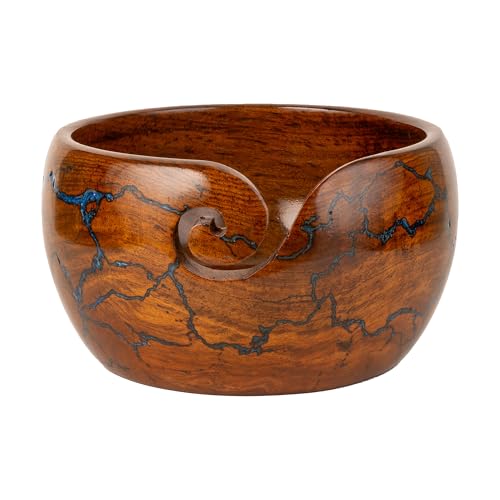 Wooden Yarn Bowl for Crocheting, 7x4 inch Large Rosewood Crochet Holder Gift Accessories and Knitting Gadgets Supplies Handcrafted with Fractal Wood Burning & Blue Resin Inlay ( Blue 7x4 ) - color: Blue
