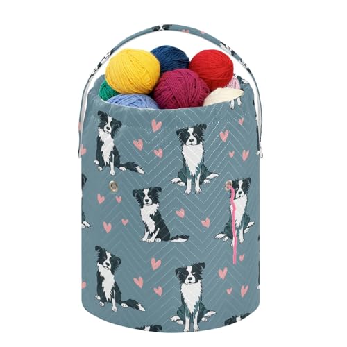 Fustylead Cute Border Collie Dog and Pink Hearts Crochet Drawstring Organizer, Large Yarn Bag Storage Tote Basket for Crocheting On The Go, Kit Holder, Gift for Knitter, Crochet Beginner - color: Blue10 Border Collie Dog