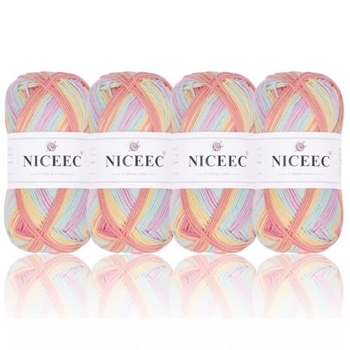 NICEEC 4 Skeins Soft Baby Cotton Yarn- Candy | 4 Ply, DIY Craft, Fingering Weight, Blanket Yarn for Crochet & Knitting, Total 700yds/7.05oz - color: Candy