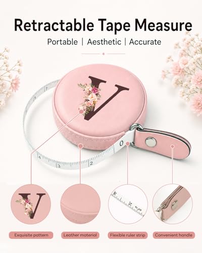 Maicican Retractable Tape Measure, Pink Leather Sewing Measuring Tape, V | with Initial A-Z, 60"/1.5m Soft Sewing Measuring Tape for Body Measurements, Portable Small Fabric Ruler - color: Tape Measure-Pink V