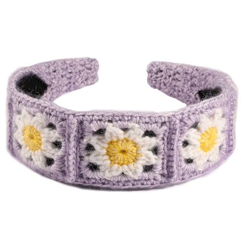Crochet Headband for Women, Handmade Sunflower & Checkered Hair Accessories, Stretchable Boho Hair Band (Purple-White-Yellow, Sunflower) - color: Purple-White-Yellow
