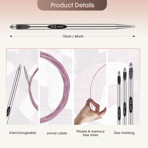 Tunisian Crochet Hook 4.5mm, 6-Inch Interchangeable Hook with Cable | Smooth Aluminum Hook / 360° Swivel Cable / Flexible No-Memory Cable / Tunisian Projects - size: US 7 (4.5mm)