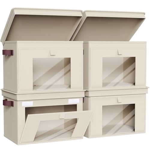 Univivi Front Opening Storage Bins with Lids for Closet, Beige, 4 Pack | Foldable Fabric Storage Cubes, Large Closet Organizers and Storage with Clear Window & Handles for Clothes Storage - color: Light Beige, size: 16.5''-4 Pack