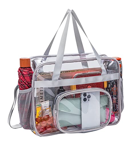 Clear Bags Stadium Approved,See Through Tote Bag+Shoulder Strap Large Transparent Bag - color: Large Size Grey