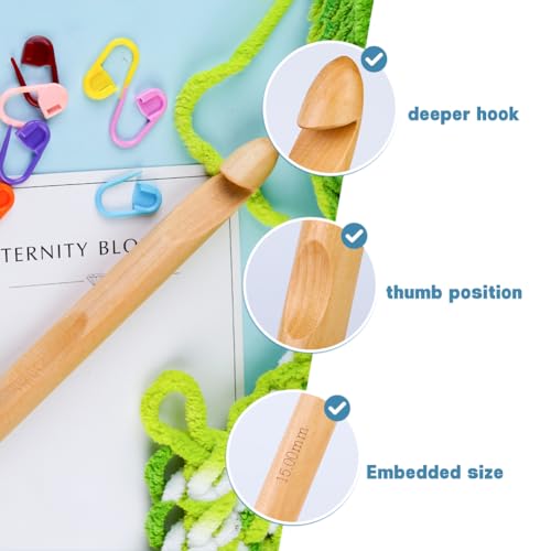 Wooden Crochet Hooks, 15mm Wooden Handle Crochet Hook Bamboo Knitting Crochet Needles with 10 pcs Knitting Stitch Markers for Handcraft Crocheting | Jumbo Bamboo Handle Crochet Hook Knitting Crochet Needles for Handcraft Crocheting Chunky Yarn Thick Blank