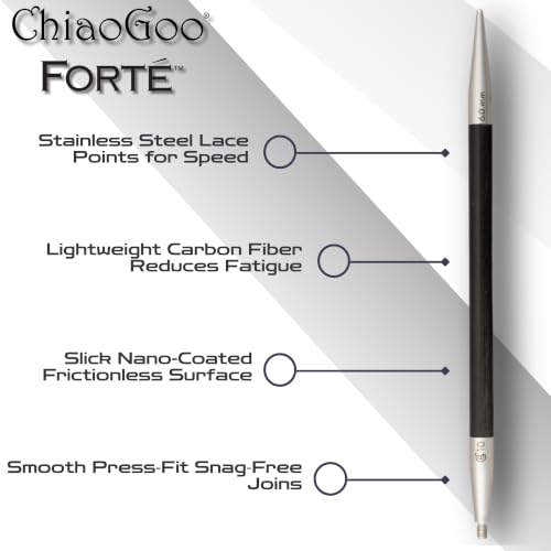 ChiaoGoo Forte 5-Inch, US 10.5 (6.5 mm) [L] IntChg. Circular Needle Tips | Carbon Fiber Shaft, Sharp Stainless Steel Tip, Smooth Metal Joins, Stitch Holder, Works with ALL [L] Cables - size: US 10.5 (6.5 mm) 5 in.