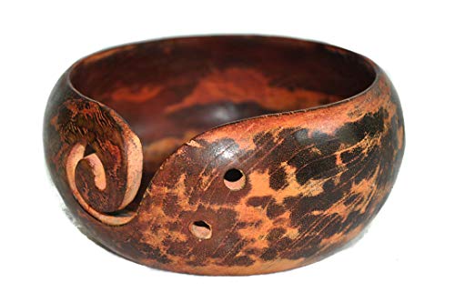Premium Solid Dark Handmade Crafted Wooden Portable Antique Yarn Storage Bowl - Holder for Knitting Crochet Hook Accessories (6" x 6" x 3", Rustic Orange) - color: Rustic Orange, size: 6" x 6" x 3"