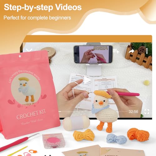 Autglint Duck Crochet Kit for Beginners Adults & Kids, Amigurumi Learn to Crochet Starter Kit with 4K Step-by-Step Video Tutorials, Includes Pre-Started Yarn, Crochet Hooks & Accessories - White Duck - style: White Duck