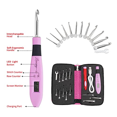 Counting Crochet Hook Set Digital Ergonomic Crochet Hook-LED and 2 Levels Brightness Dimmable Light Up Crochet Hooks& Digital Stitch Counter,Beginner Knitting Kit with 12 Interchangeable Crochet Hooks - size: 12size Counting Crochet