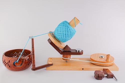 WARESHIRE Yarn Bowl and Ball Winder Combo Wooden Handmade Hand Operated | Natural Yarn Ball Winder Large Center Pull Cake with Wooden Yarn Bowl 6x3 inches | Yarn Ball Holder (Bowl+Mixwood) - color: Bowl+Mixwood