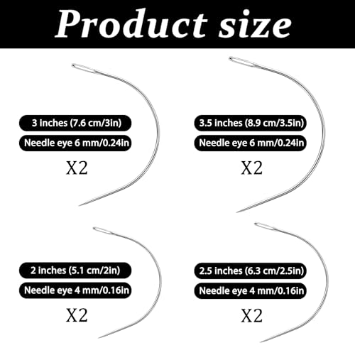 TIESOME 8 PCS 4 Sizes Curved Needles, Sewing Curved Needles Heavy Duty Leather Hand Sewing Needles C Sewing Needles for Leather Projects Carpet or Canvas Wig Making(2/2.5/3/3.5 Inch)