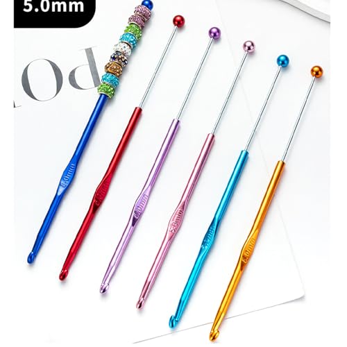 6 Pack DIY Beadable Crochet Hooks Knitting Needles Set Aluminum Handle for Focal Beads Colors (Blue Purple Red Orange Pink Light Blue, 5 mm) - size: 5 mm