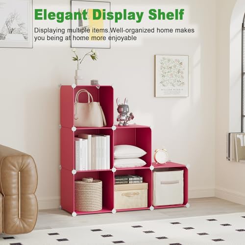 C&AHOME 6-Cube Storage Organizer Cube Shelf Closet Storage Bookcase, Red | Stackable Cubby Storage, Bookshelf, Portable Plastic Storage Closet Organizer, DIY Modular Shelving Units for Home, Wardrobe - color: Red