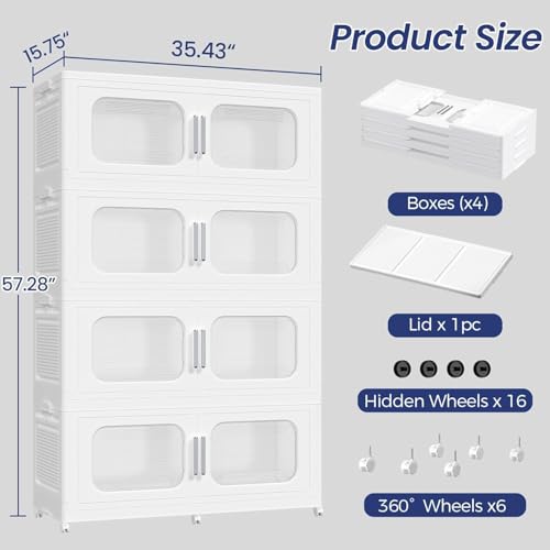 200Gal Extra Large Stackable Storage Bins with Lid & Doors & Wheels, 200QT/50GAL 4-Tiers Collapsible Closet Organizers Plastic Boxes Drawers Containers for Home Kitchen Bedroom, White - color: White, size: 50Gal-4Pack
