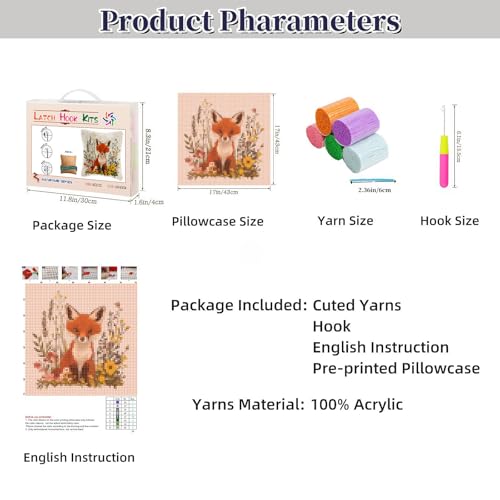 DIY Latch Hook Pillow Cover Kits Cute Red Fox in Flowers Stampled Handamade Pillowcase Crochet Yarn Hook and Latch Emboridery Throw Pillow for Home Sofa Decor 43x43cm(4)