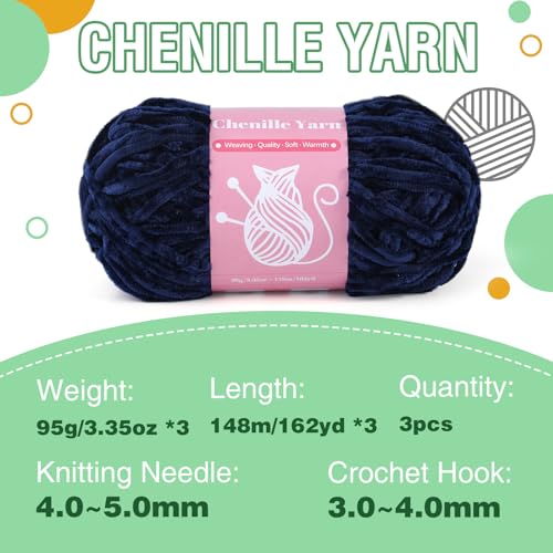 LUNARM Chenille Yarn for Crochet Knitting Chunky Blanket Velvet Yarn | 3 Pack 3.5oz/100g 486 Yard Navy Blue Chenille Yarn for Beginners Knitting Scarves with Big Eye Needles Machine Washable - color: Navy Blue