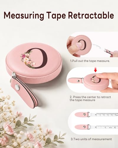 Maicican Retractable Tape Measure, Pink Leather Sewing Measuring Tape, O | with Initial A-Z, 60"/1.5m Soft Sewing Measuring Tape for Body Measurements, Portable Small Fabric Ruler - color: Tape Measure-Pink O