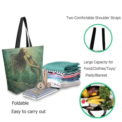 Chic Funny Cute Pattern Big Handle Extra Large Shoulder Tote Bag for Beach Travel Weekender Gym Grocery Shopping - style: Ocean Mermaid