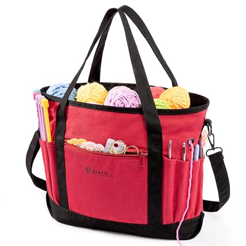 Canvas Yarn Storage Organizer Bag Washable Crochet Bag with Pockets for Yarn, Hooks, Needles – Travel Knitting Tote for Crafters – Gift for Crocheters & Knitters (Medium/Large) - color: Red, size: Large-15”