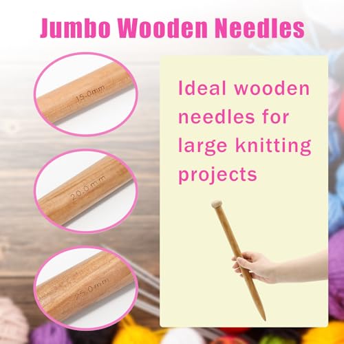 Pocoxll 6 Pcs Large Wooden Knitting Needles, 3 Sizes Straight Single Pointed Sweater Knitting Needles for Beginners(Brown)