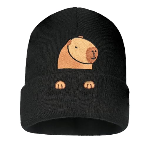 Personality Animal Head Embroidery Knit Beanie Hat for Adult and Big Kids Winter Warm Skull Cuffed Hats - color: Capybara 3-black