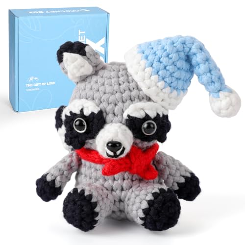 CrochetBox Crochet Kit for Beginners Adults - Raccoon Starters Crochet Kit, Beginners Crocheting Kitting for Adults Teen, Craft Gifts with Crochets Yarns, Hook, Step-by-Step Video, Instruction - color: Raccoon