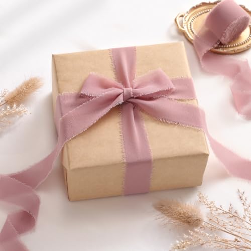 DORIS HOME Handmade Frayed Fringe Chiffon Ribbon 1" x 21Yd Mauve | Fabric Ribbon, For Flower Bouquet/Gift Wrapping/Wedding Invitations/Party Decorations - color: Mauve