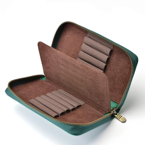 Fountain Pen Leather Pen Case 10 Divided Slots, Rollerball Pen Holder Handmade Display Organizer Zippered Pouch - color: Army Green
