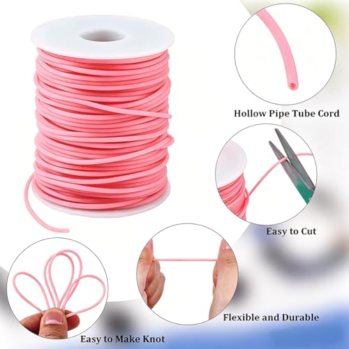 CRASPIRE 54.68 Yards 2mm Hollow Pipe Rubber Tube Cords Barber Cord for Knitting Stitch Holder Tubing Keeper 1mm Hole Rubber Cord with Spool Hotpink for Bracelet Jewelry Making DIY Crafts Bead Creation - color: Hotpink