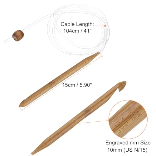 HARFINGTON Bamboo Tunisian Circular Crochet Hook 10mm (US N/15) Afghan Wood Knitting Hook Needles with Cable and Bead End for Weave Crocheting Craft Yarn, Brown - color: Brown, size: 10mm (US N/15)