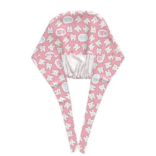MOLIAN Dental Tooth Adjustable Working Cap Surgical Headgear for Women Men | Adjustable Tie Back Scrub Caps with Button Built-in Sweatband Working Cap for Nurses Doctors and Workers - color: Pink Tooths