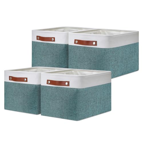 DULLEMELO Storage Baskets for Shelves, Fabric Collapsible Rectangular Storage Bins for Shelves, Closets, Nursery, Home, Office, Empty Gift Baskets (4-Pack-15"*11"*9.5", White&Deep Green) - color: White&Dark Green, size: L-15"x11"x9.5"