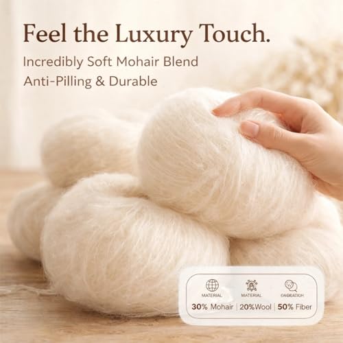 Popular Soft Mohair Knitting Angora Wool Yarn for DIY Knitting (with a Crochet)(White)